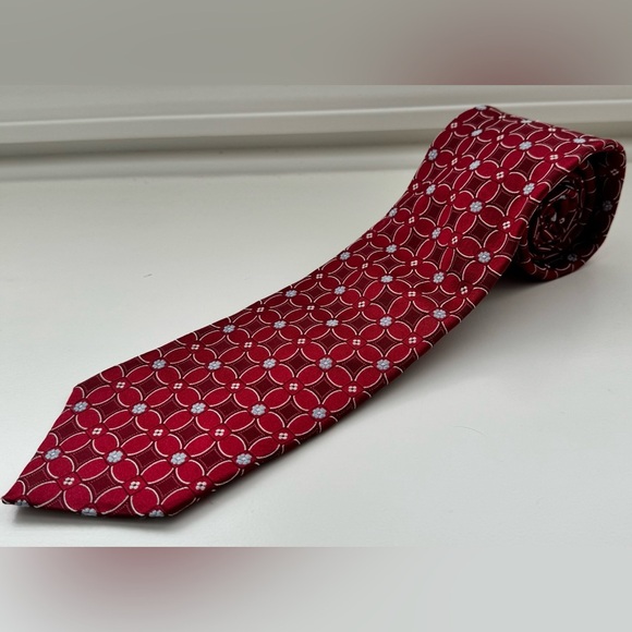 Faconnable 100% Italian Silk Tie Red Blue‎ White Floral Men's Long NWOT - Picture 1 of 6